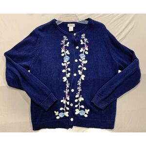 Vintage Classic Elements Wool Blend‎ Cardigan Sweater Women's XL Navy Floral Gma